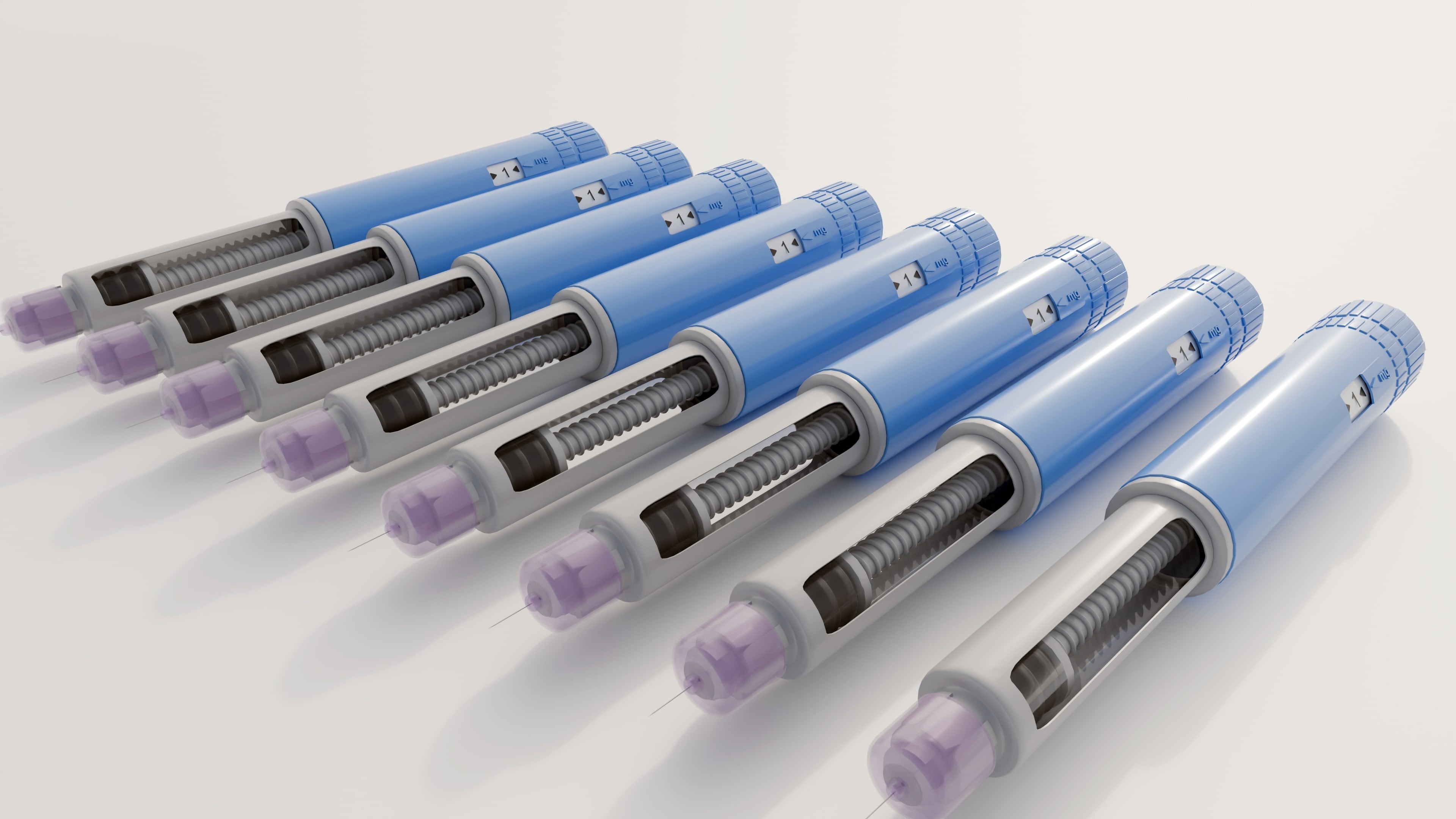 A 3d rendering of pre-filled GLP-1 receptor agonist pens, used for the treatment of type 2 diabetes or for weight management. It's disposable or multi-dose reusable pen.