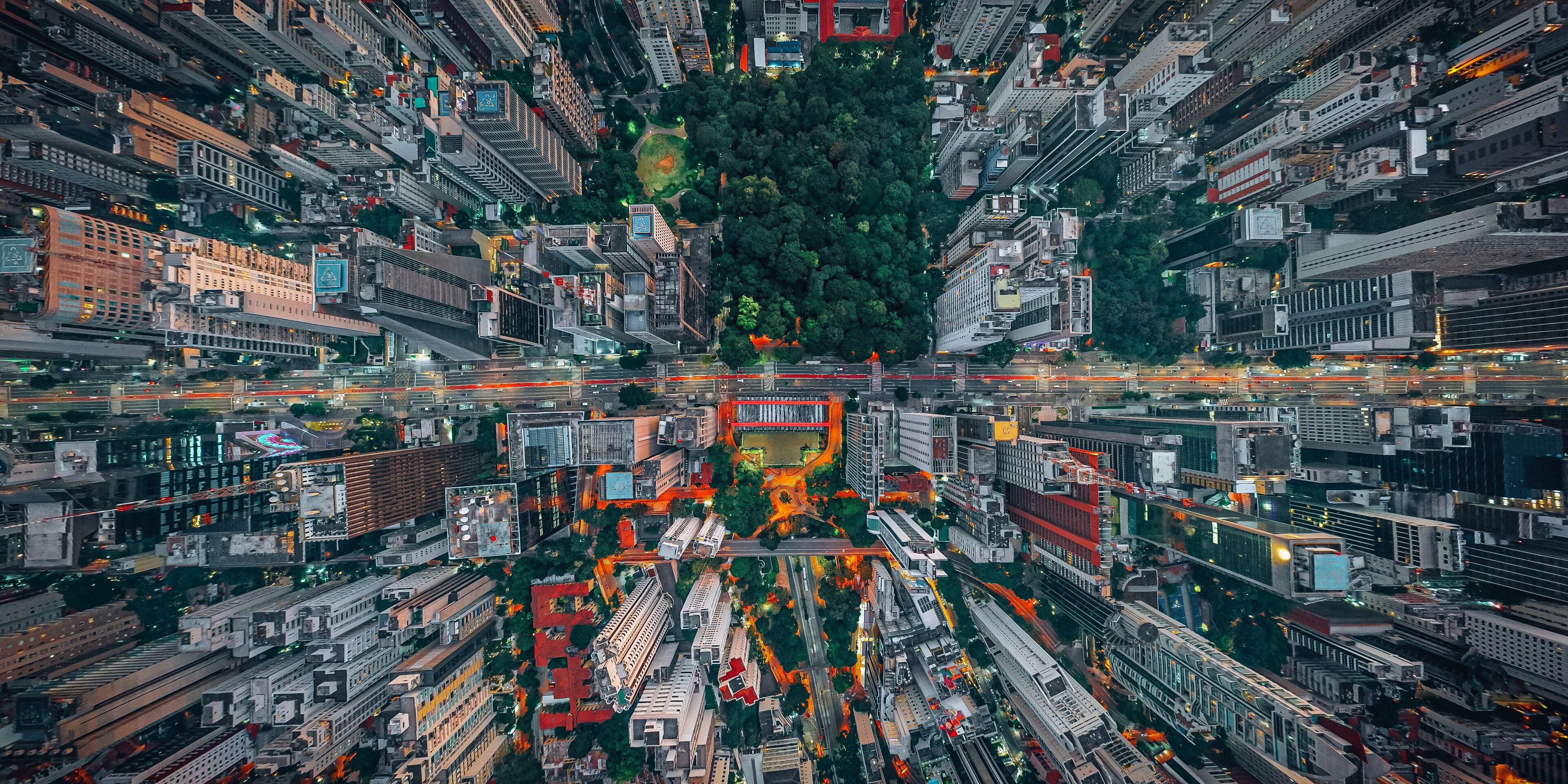Paulista Avenue in Sao Paulo shot from above looking down on the cityscape.