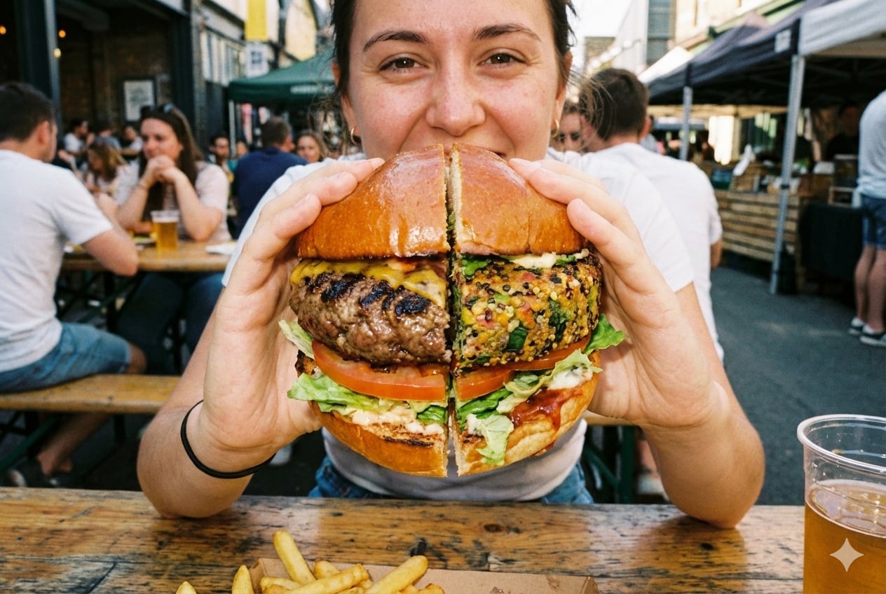 Consumer eating hybrid burger