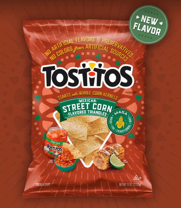 PepsiCo’s Tostitos Mexican Street Corn Flavored Tortilla Chips combine sour cream, spice and lime flavors.