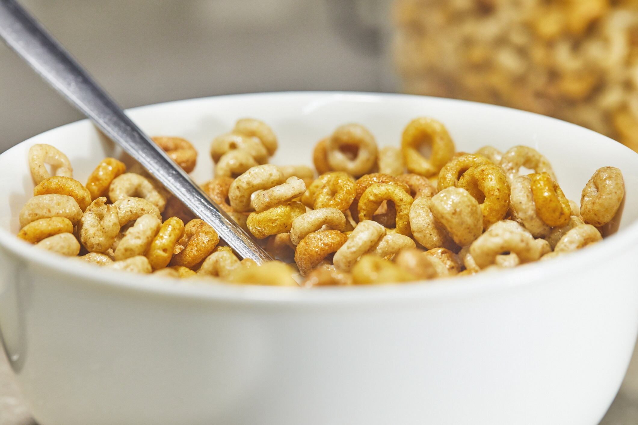 Breakfast cereal in white bowl with milk.