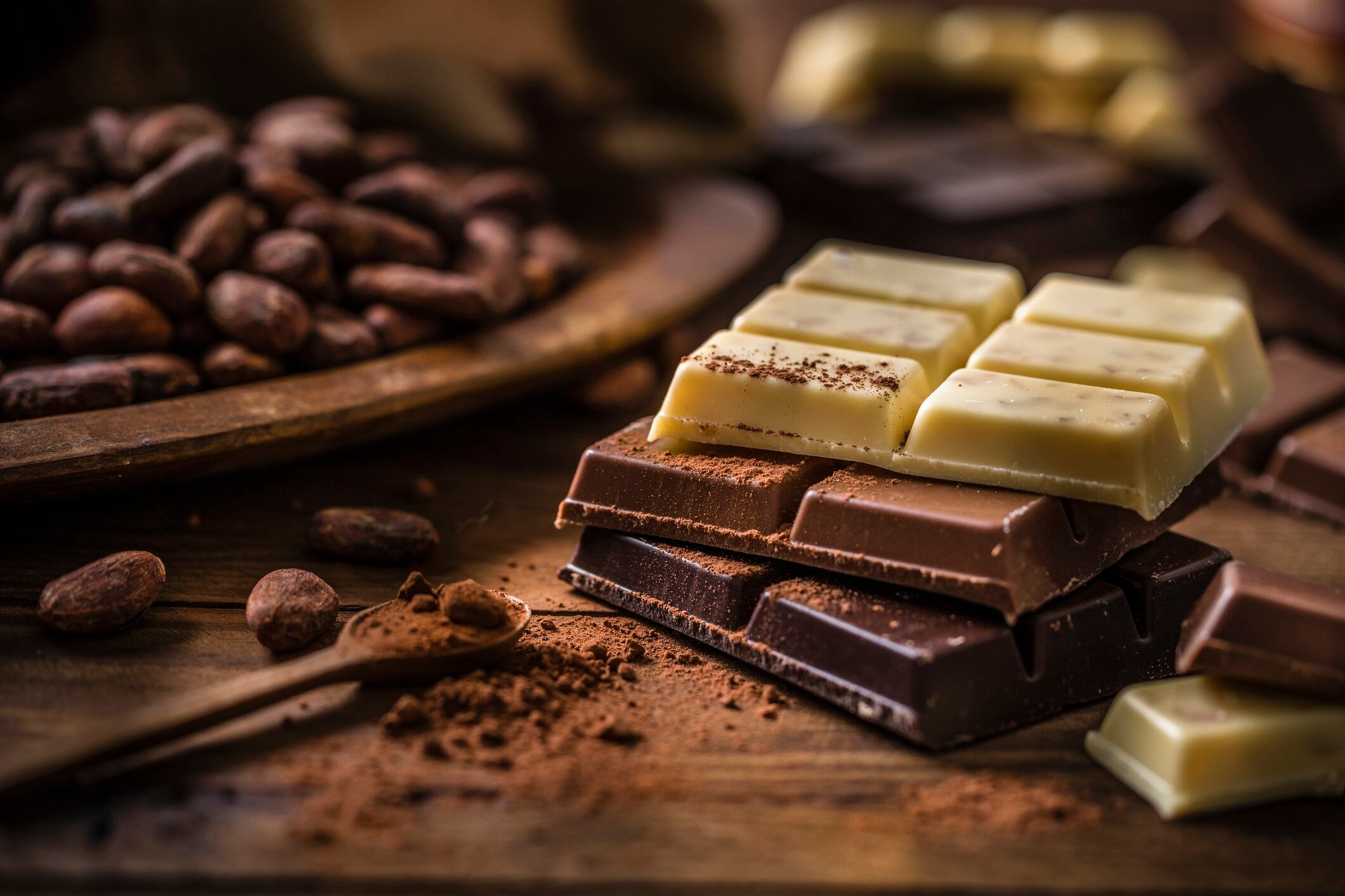 Front view of a stack of three types of chocolate bars surrounded by cocoa powder and cocoa beans on a rustic wooden table.