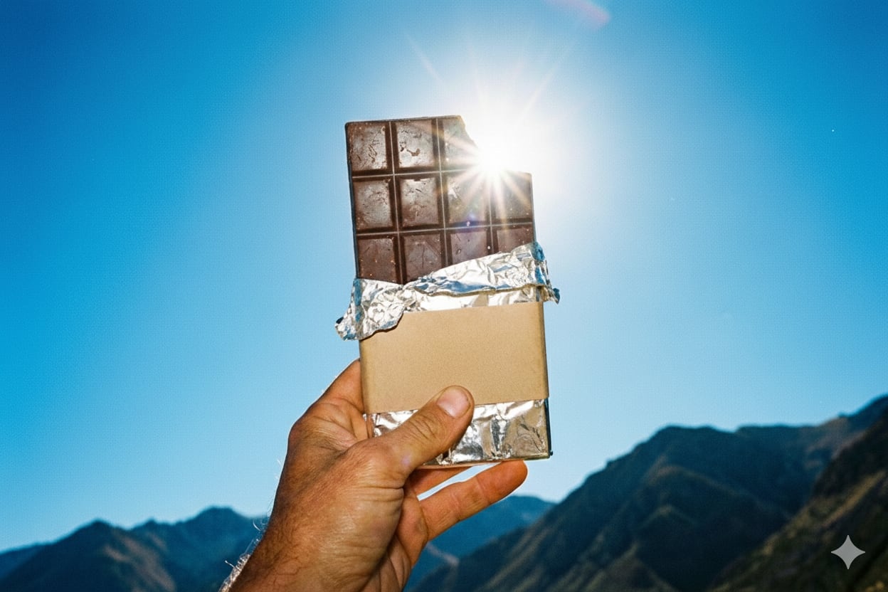 Man holding chocolate bar up to the sun