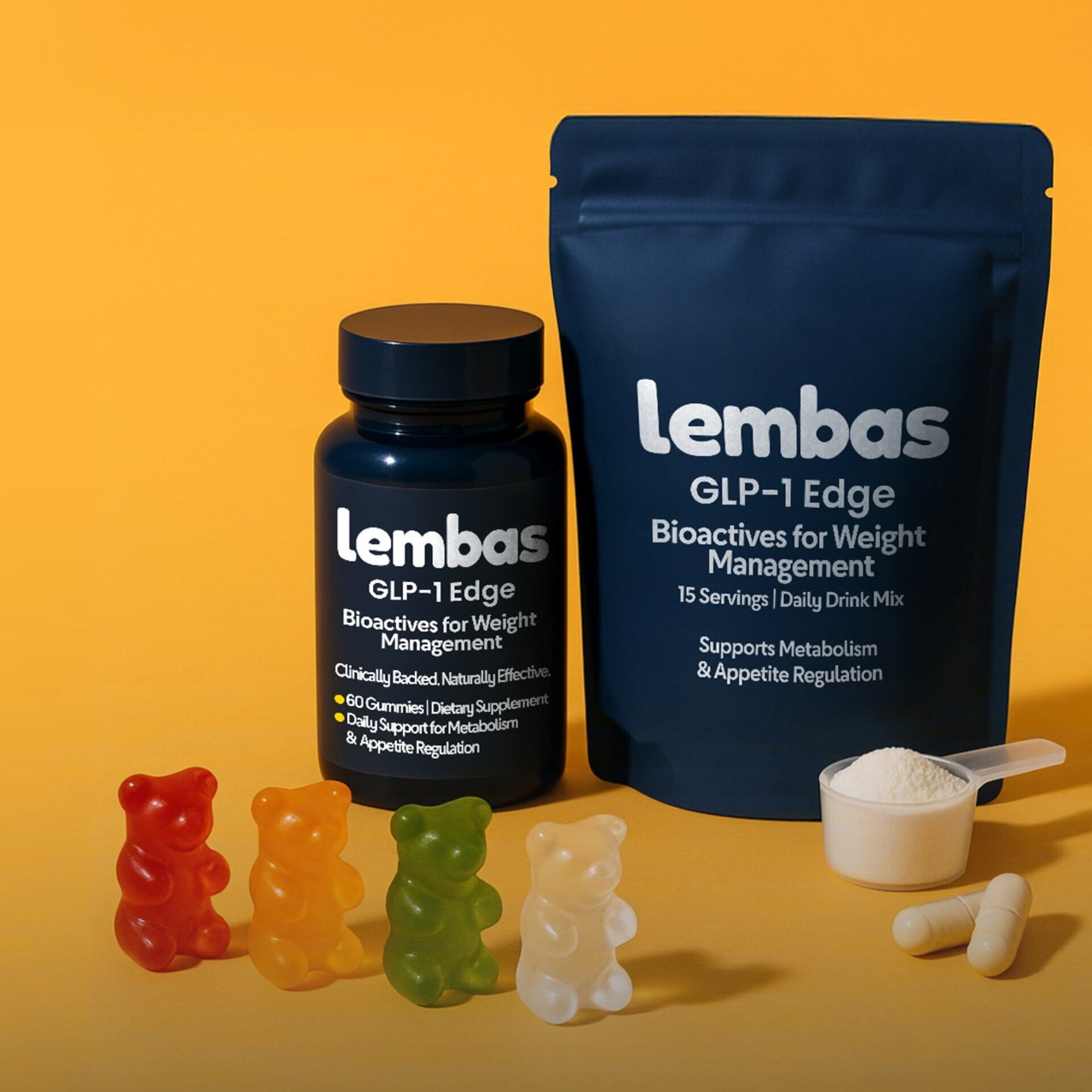 Lembas GLP-1 Edge™ shown in multiple formats- gummies, powder, and capsules- designed to support metabolism and appetite regulation through science-backed, food-grade bioactives for weight management